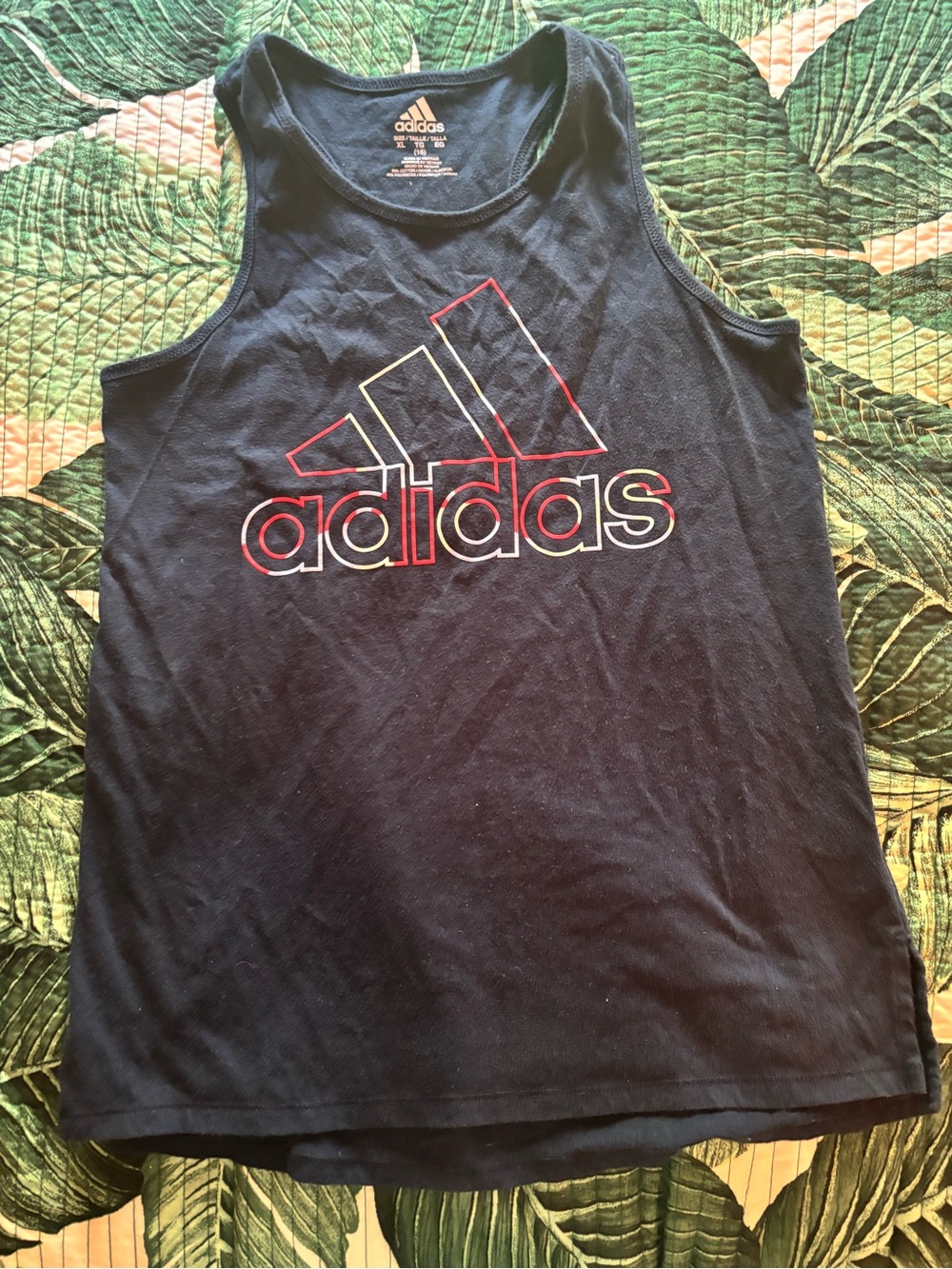 adidas navy tank with Red and White Outline Logo